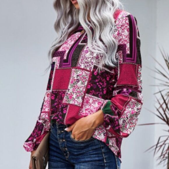 Boho Floral Print Patchwork Blouse rose colored size small med large - Picture 2 of 5